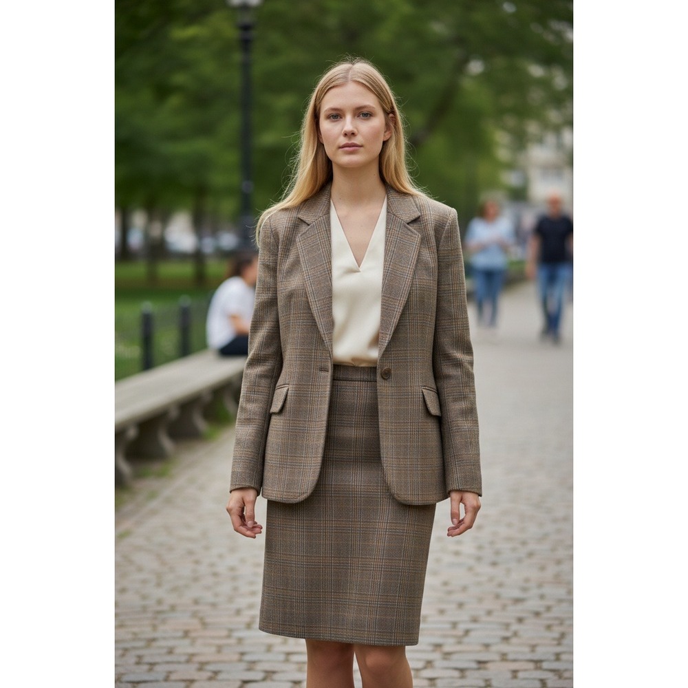 Vintage Intuitions Womens Plaid Blazer Skirt Suit Set Brown Classic Professional
